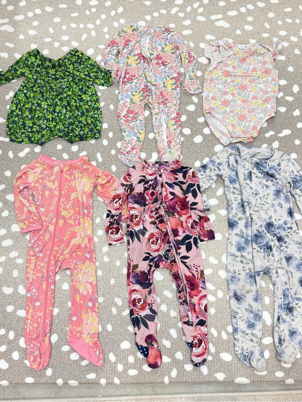 Lot of 6 footies bamboo zippy floral romper onesie baby girl ruffle posh peanut